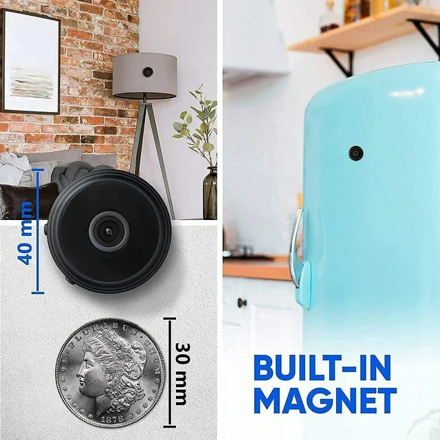 Mini magnetic live camera puck with built-in magnet and size guides (40 mm, 30 mm)