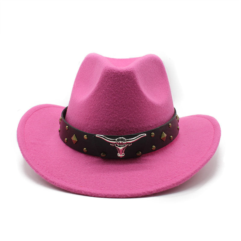 Rose pink western cowboy hat with studded band and silver bull head buckle detail