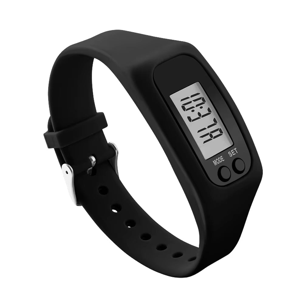 Black step counter watch with silicone strap and LED display