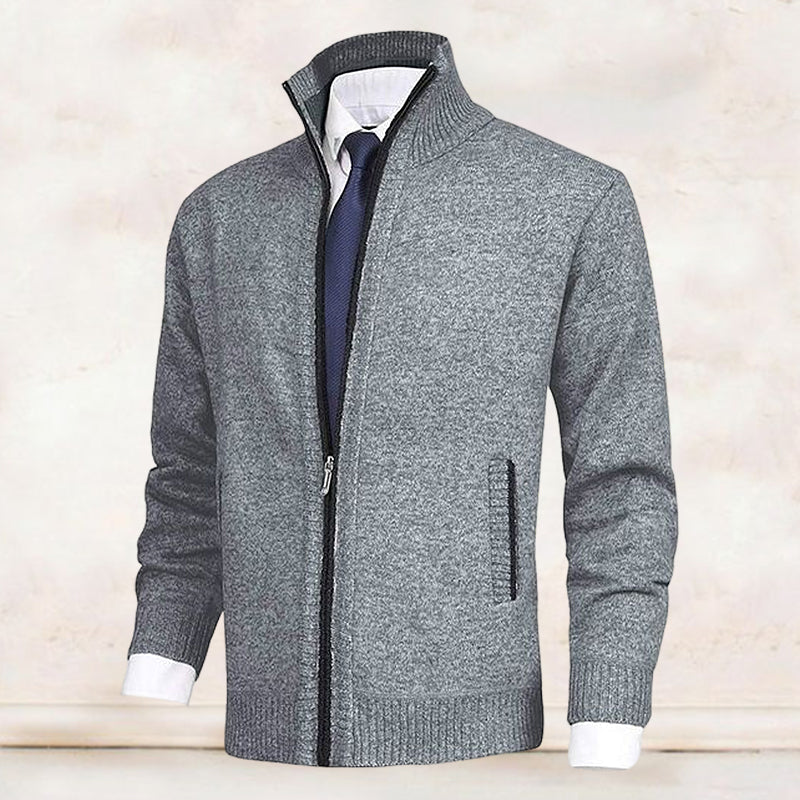 Gray knit mock-neck full-zip cardigan with ribbed trim and chest/side zip pocket