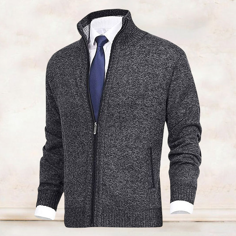 Dark charcoal knit mock-neck full-zip cardigan with ribbed cuffs and zip front