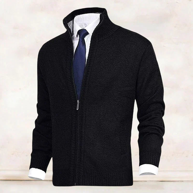Black knit mock-neck full-zip cardigan with ribbed trim and zip front
