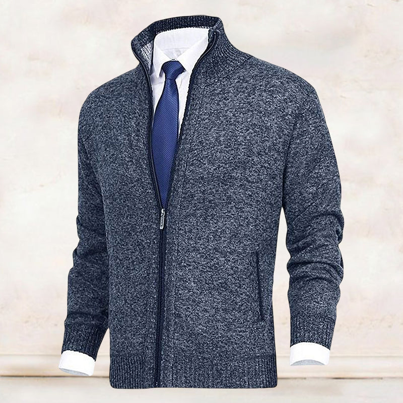 Blue-gray knit mock-neck full-zip cardigan with ribbed cuffs, hem, and zip front