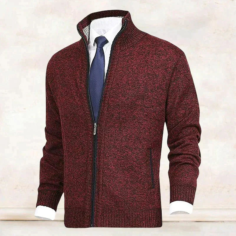 Burgundy knit mock-neck full-zip cardigan with ribbed collar, cuffs, and zip pocket