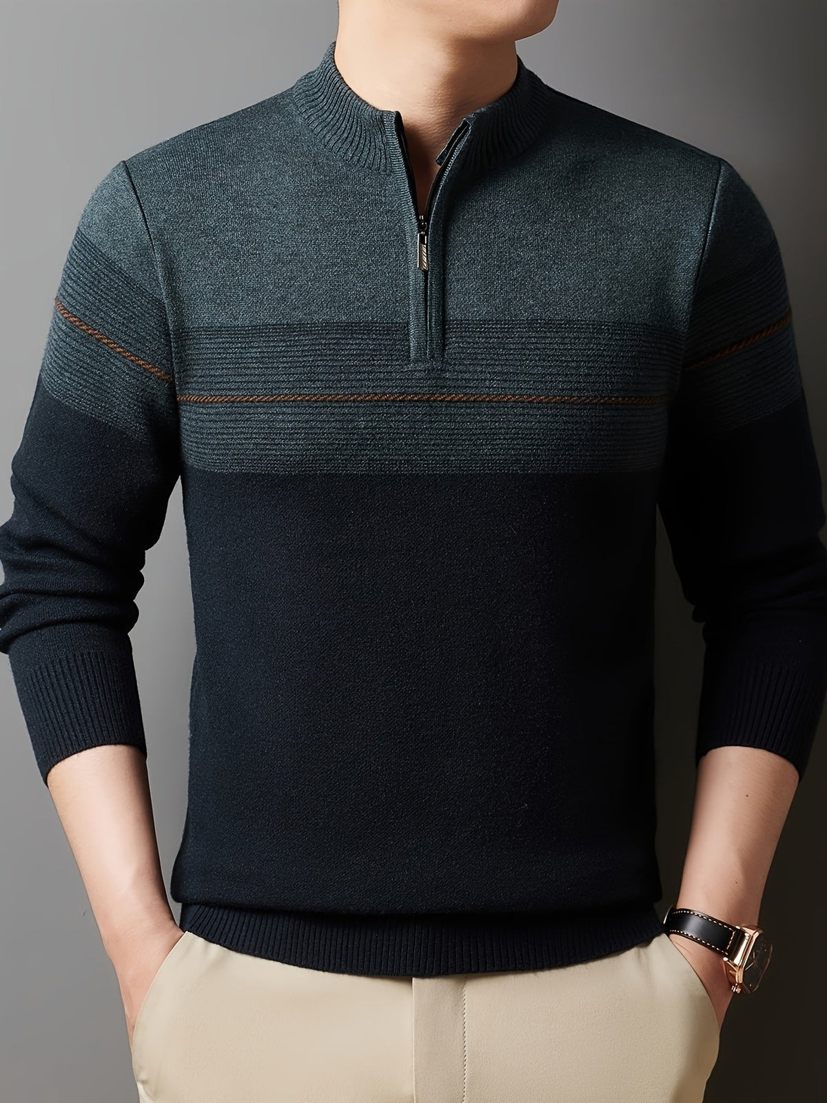 Quarter-zip striped knit sweater, front view