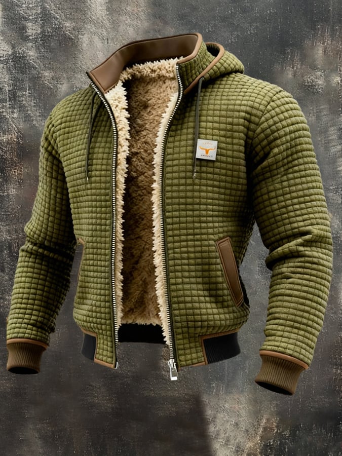 Men's quilted sherpa-lined jacket, olive green with tan sherpa lining, brown-trim pockets, zip front