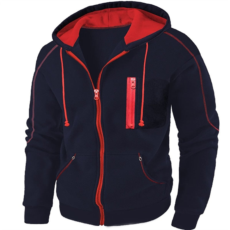 Men's full-zip hooded jacket, navy with red trim, drawstring hood and front zip pockets.