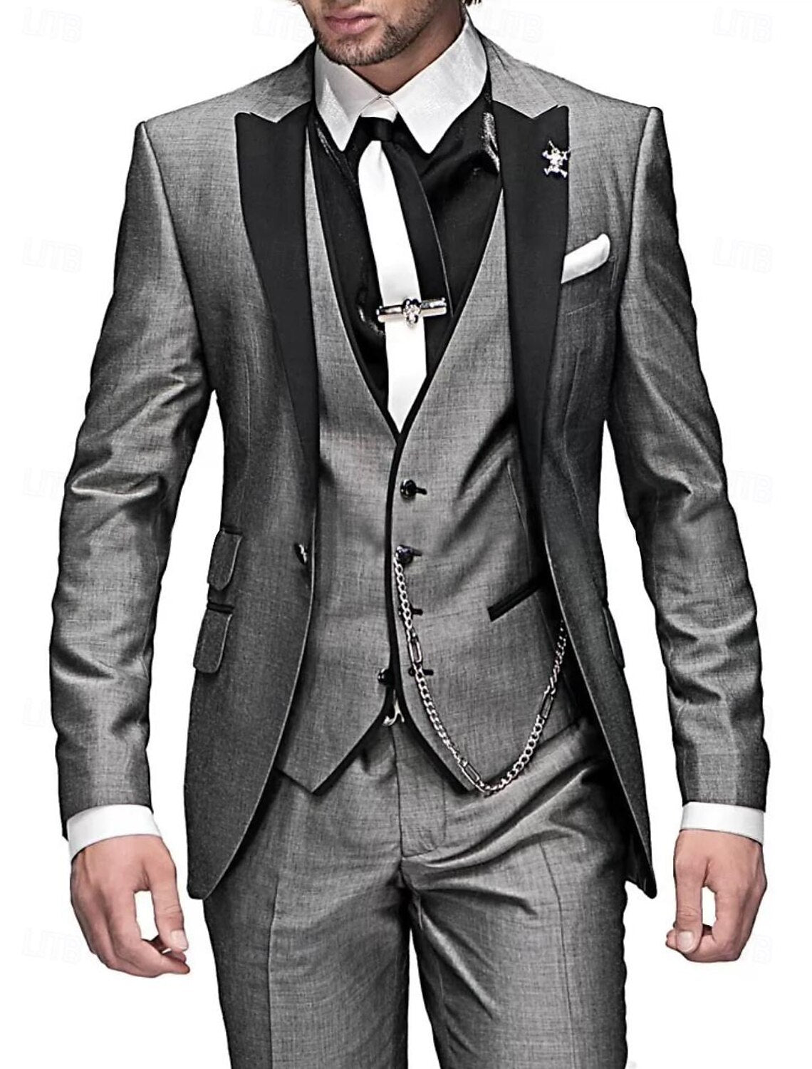 Men's three-piece tailored set, gray color view