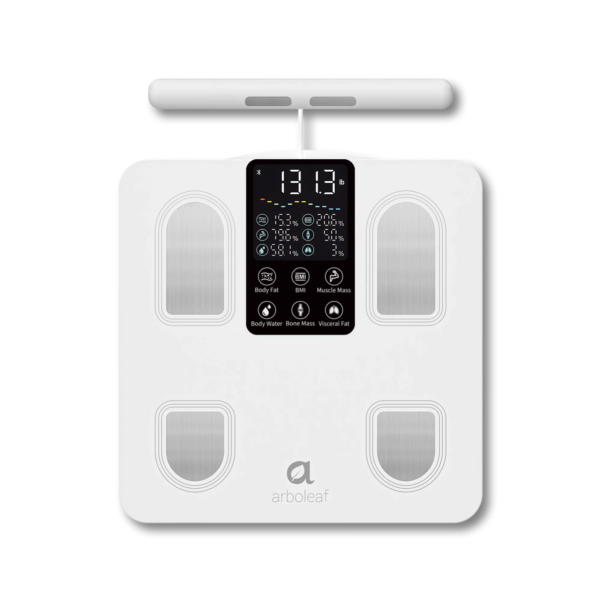 White smart body scale with LCD display and four gray electrode pads