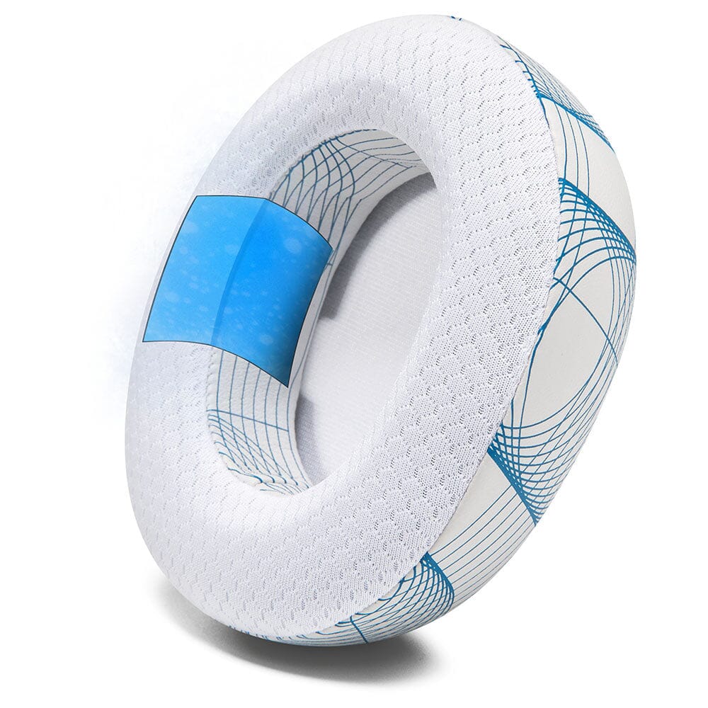 White cooling gel earpads with blue patterned outer band and blue gel panel, angled