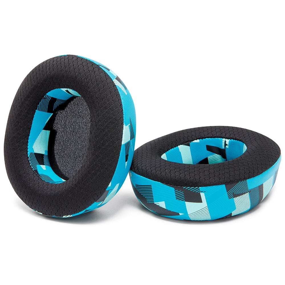 Teal and black patterned cooling gel ear pad pair with textured outer