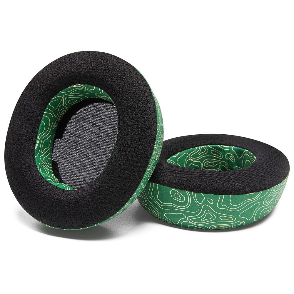 Black cooling gel earpads with green patterned outer band, two-piece side view