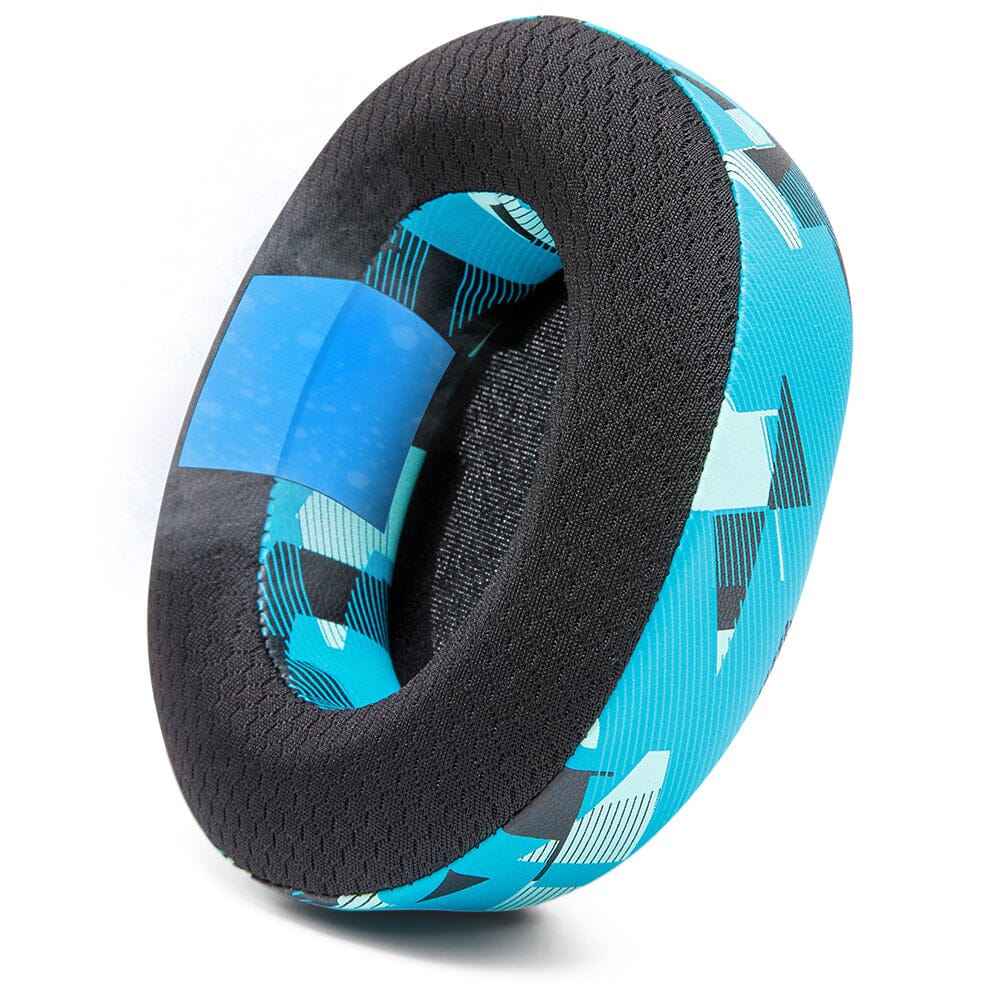 Blue patterned cooling gel ear pad with textured black foam, single pad