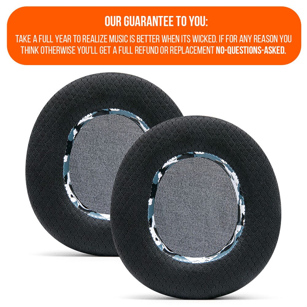 Pair of cooling gel replacement earpads with black textured fabric and blue stitch trim