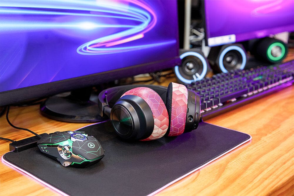 Cooling gel replacement earpads with multicolor pink, purple, and blue patterned fabric