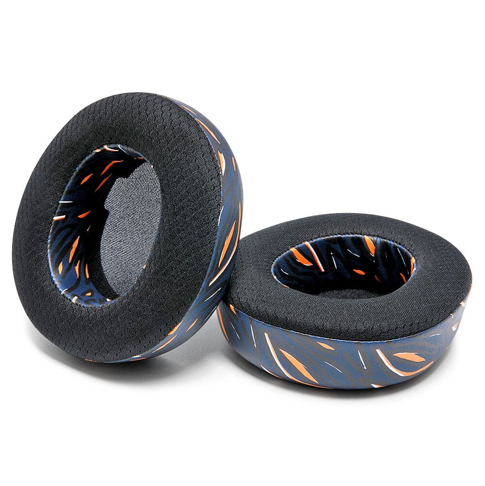 Cooling gel replacement ear pads, textured black foam with blue pattern and orange accents