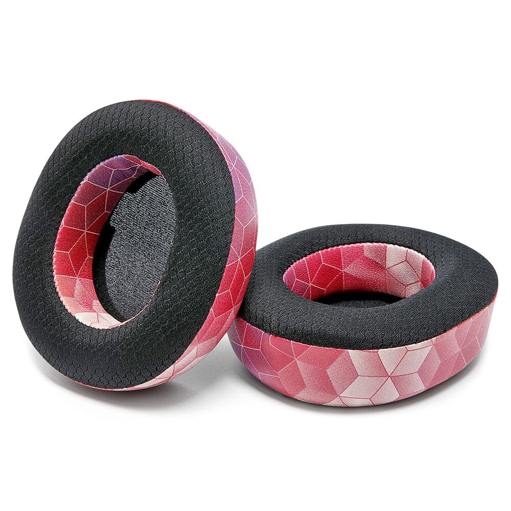 Cooling gel replacement earpads, black outer ring with pink geometric fabric center