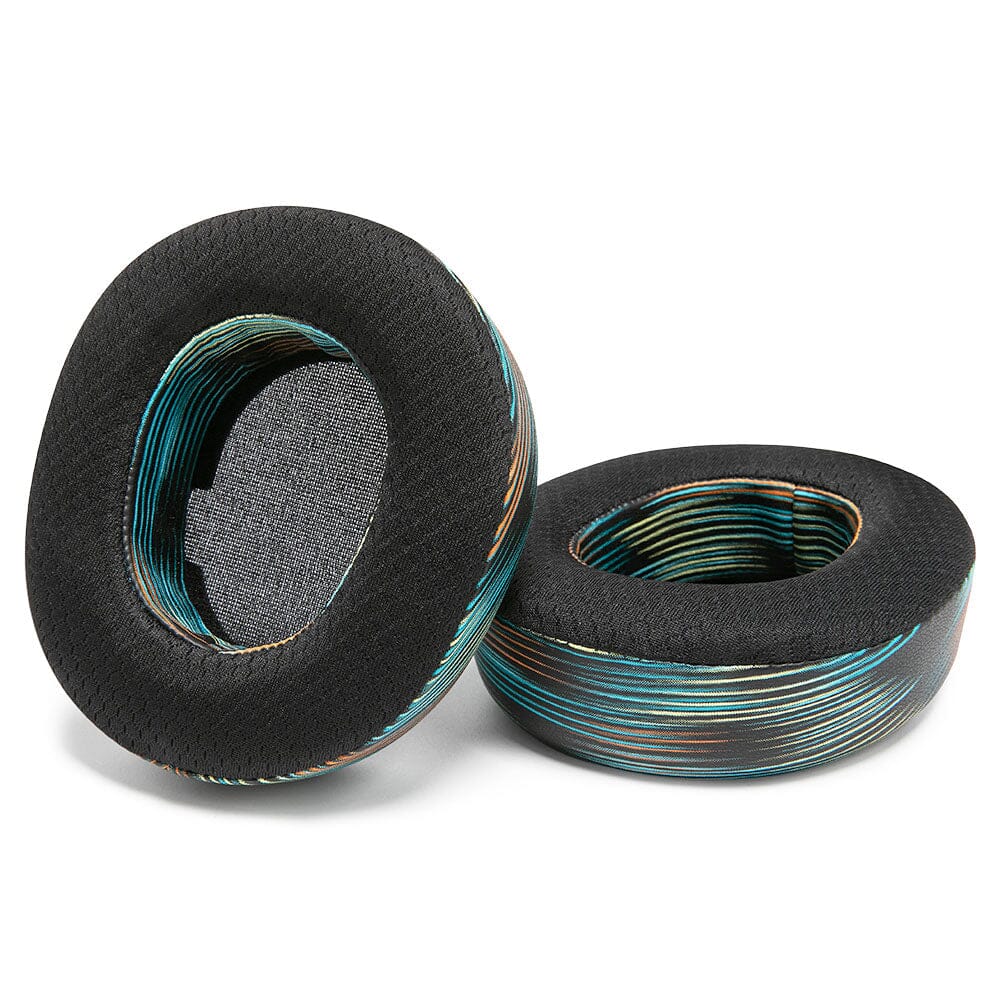 Set of two black cooling gel earpads with blue-green striped accents around the edge