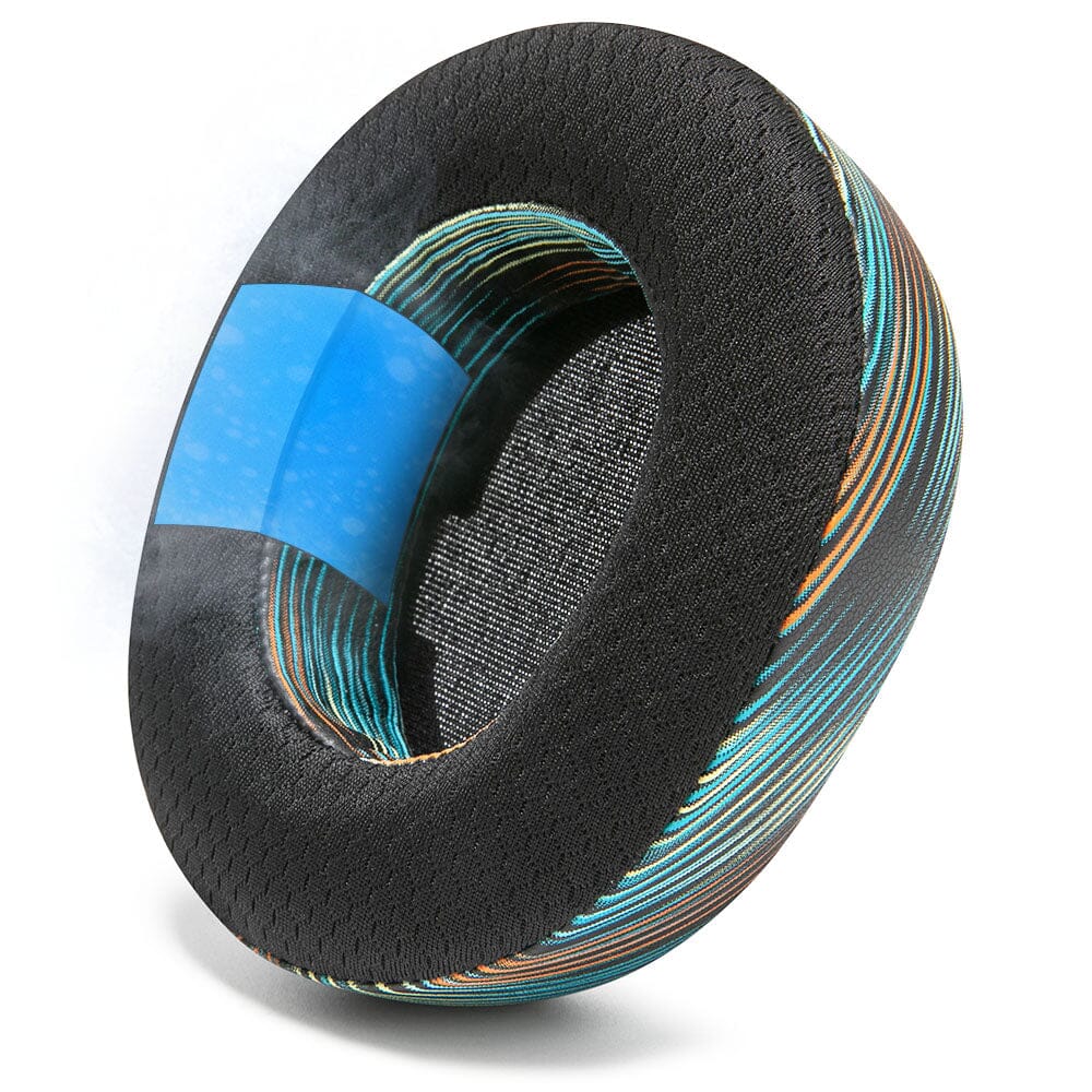 Black cooling gel replacement earpad with blue insert and multicolor striped edge