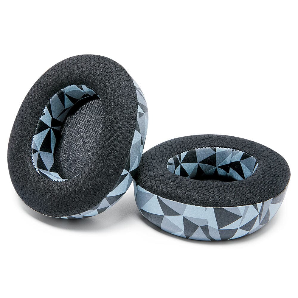 Black and blue geometric replacement ear cushions with textured outer foam and soft lining
