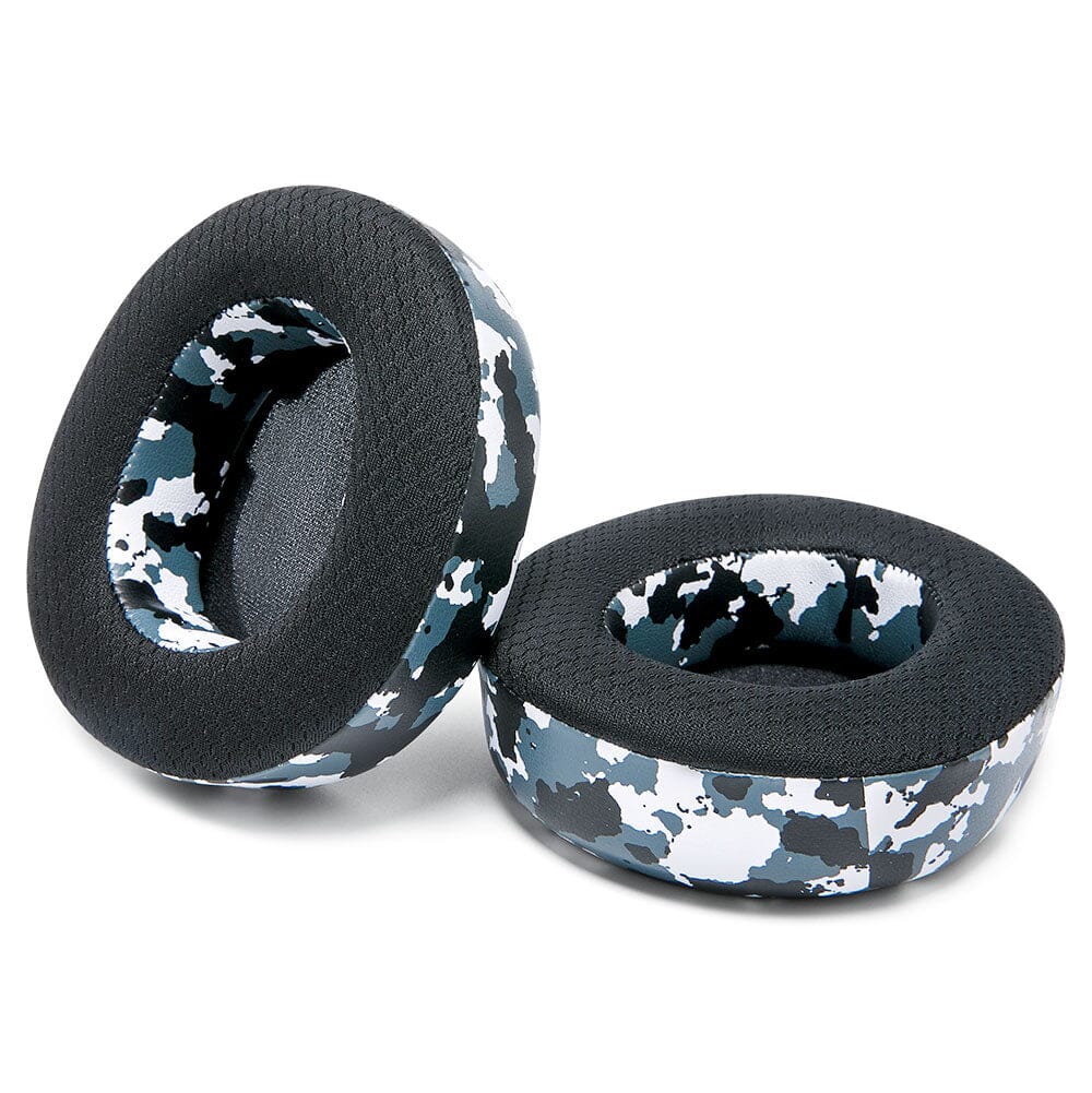 Two cooling gel replacement earpads with blue-and-white camo print and black sides