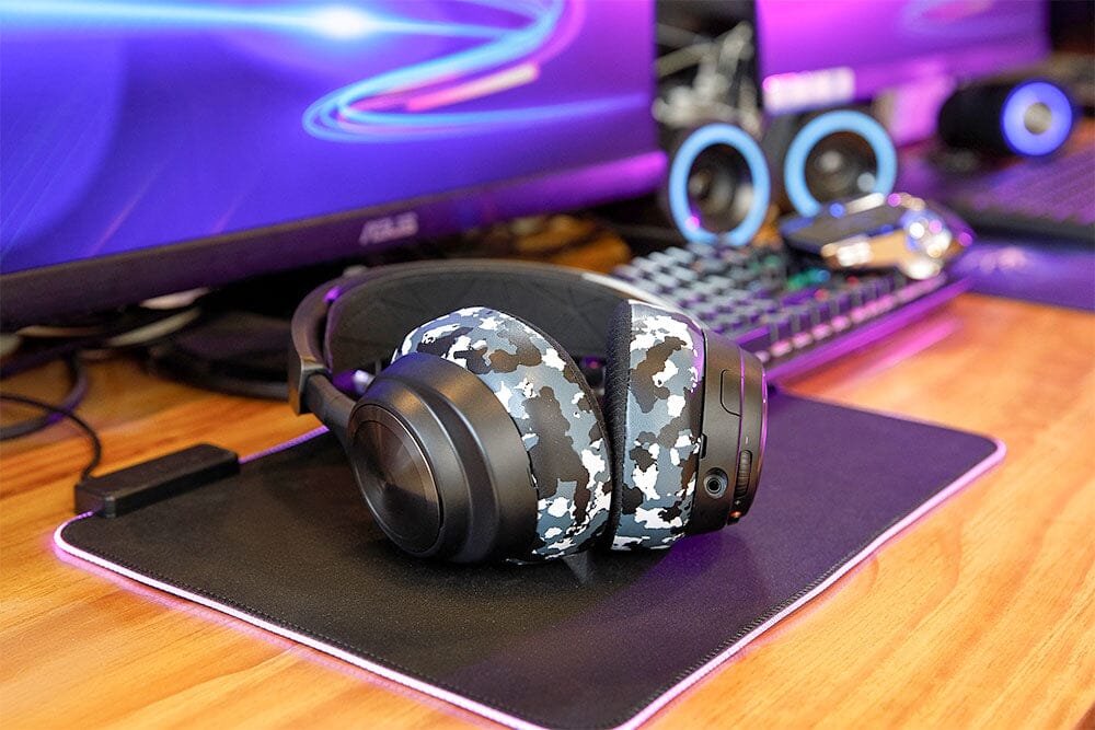Cooling gel replacement earpads with blue-and-black camouflage pattern on outer cushions