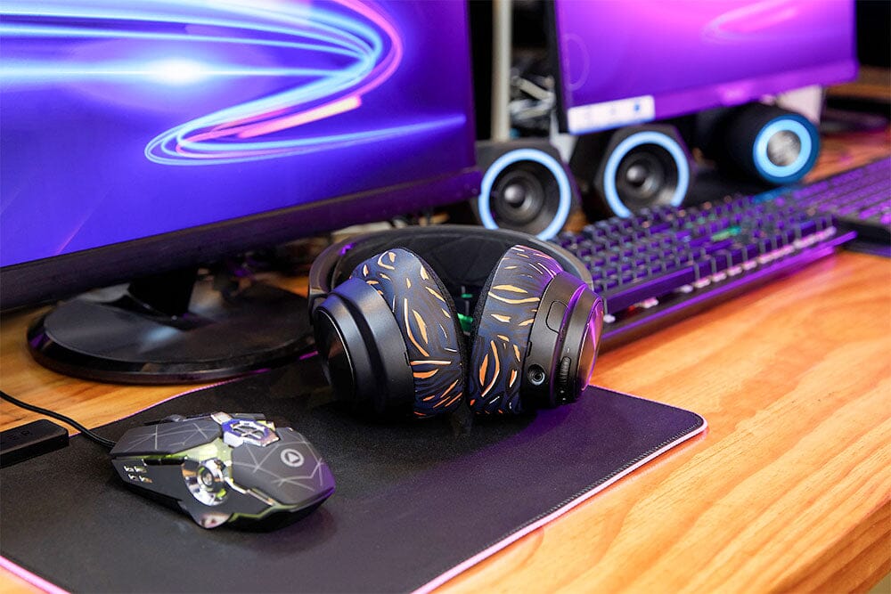 Black cooling gel replacement ear pads with geometric multicolor pattern on the ear cushions