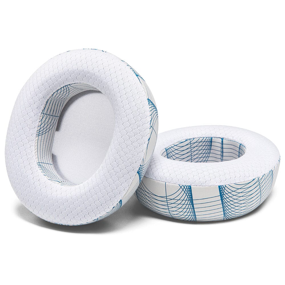 White cooling gel earpads with blue patterned outer band, two pads side-by-side view