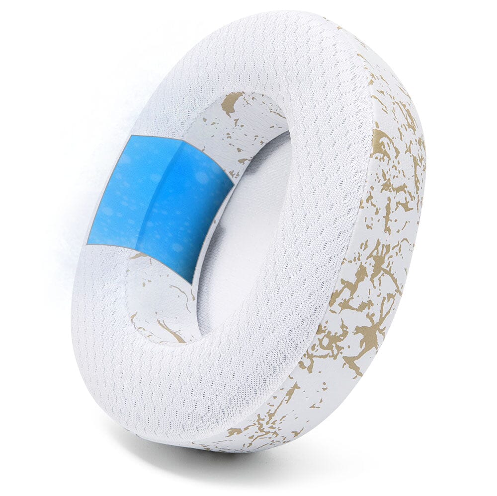 Cooling gel replacement earpad with white textured fabric and blue camo accent patch