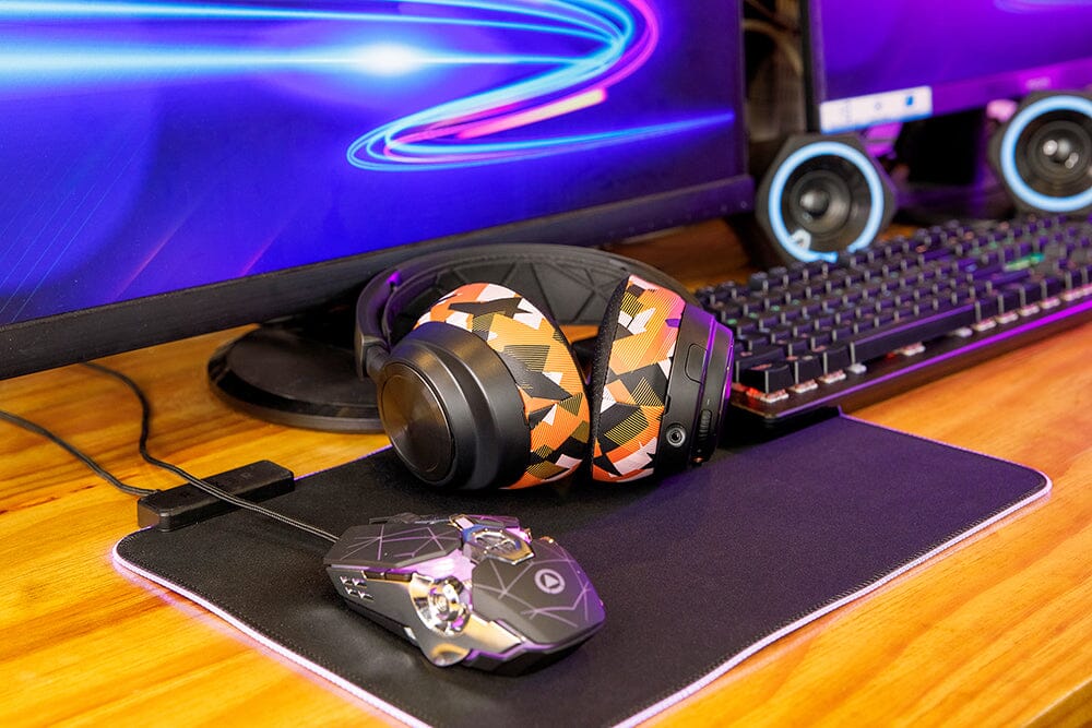 Red and black camo cooling gel replacement earpads on an over-ear wireless headset