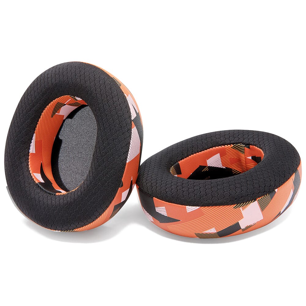 Orange patterned cooling gel ear pad pair with textured black outer ring