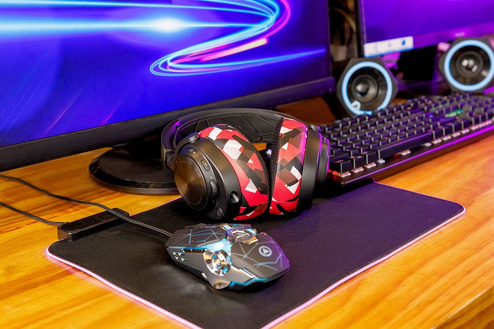 Red and black camo cooling gel replacement earpads on an over-ear wireless headset