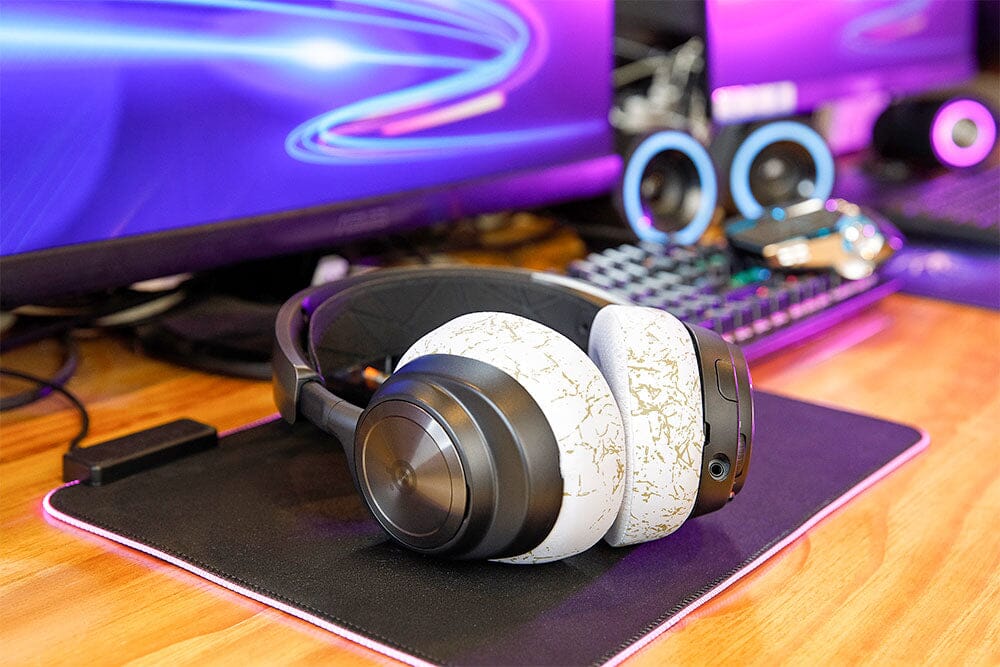 Cooling gel replacement earpads with white-and-blue camouflage cushions on headphones