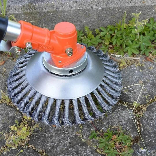 Wire brush trimmer head mounted on orange trimmer housing, steel bristles