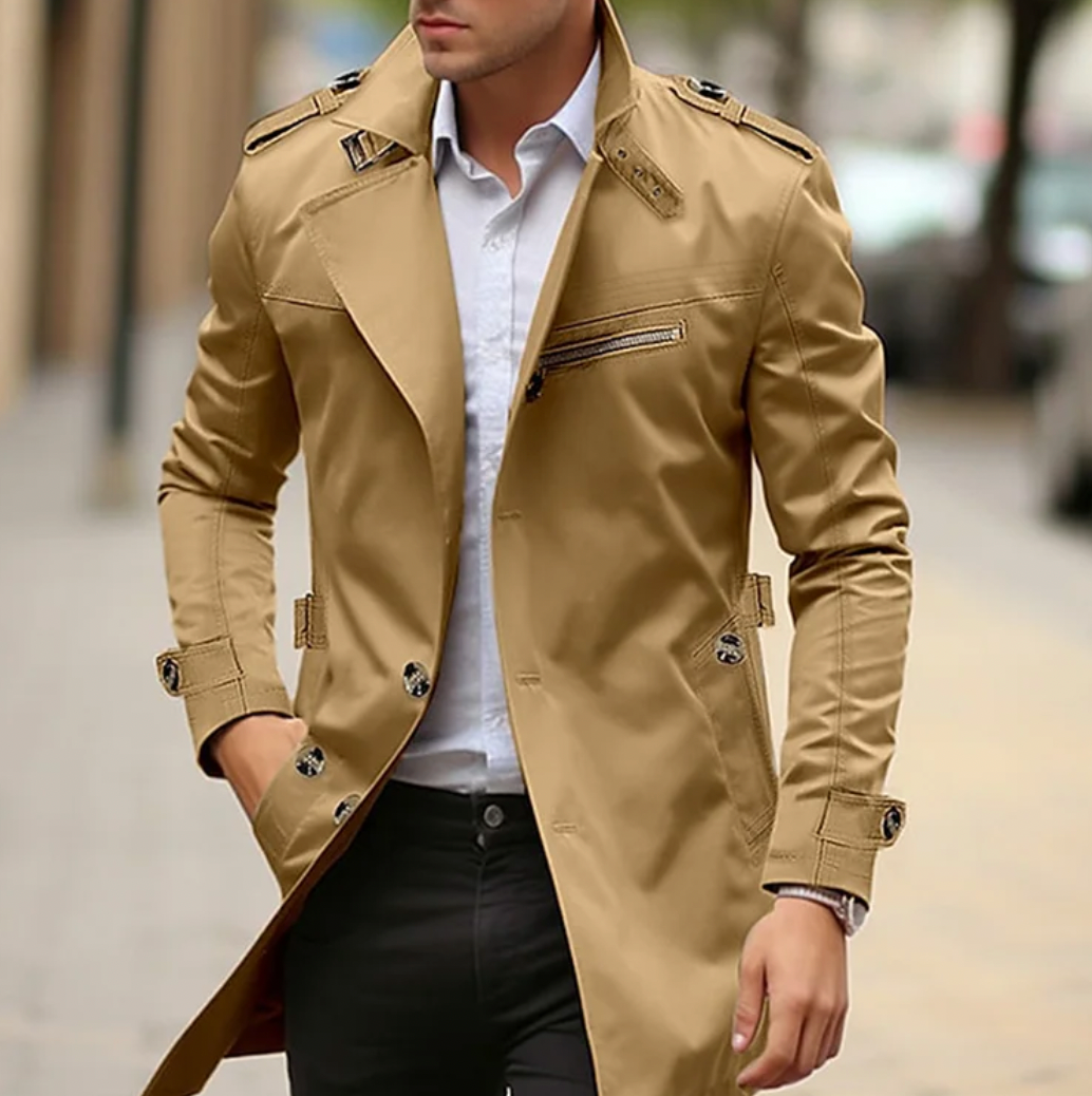Double-breasted epaulet trench coat, side view