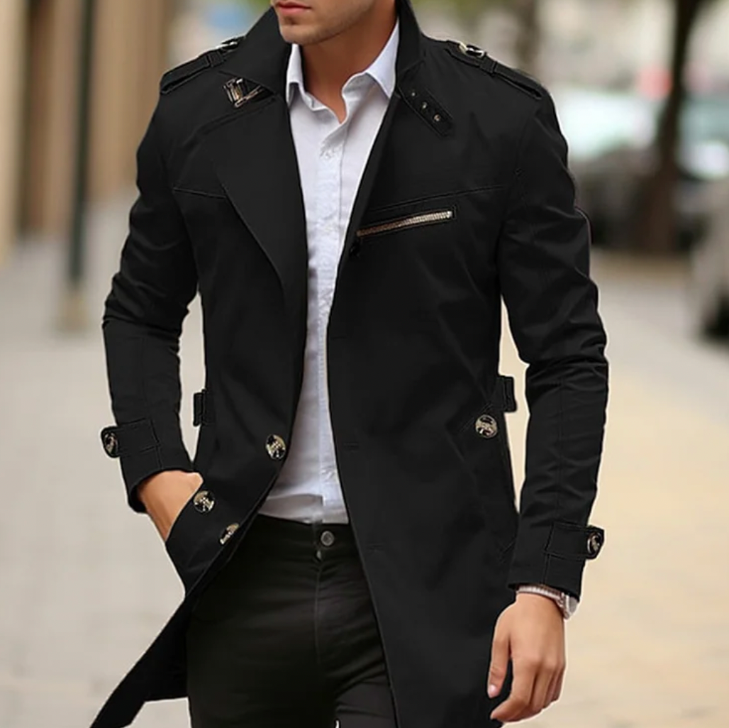 Double-breasted epaulet trench coat, close-up detail