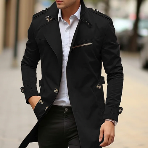 Double-breasted epaulet trench coat, close-up detail
