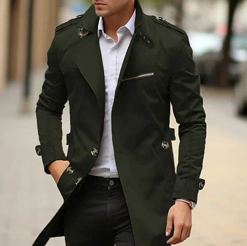 Double-breasted epaulet trench coat, back view
