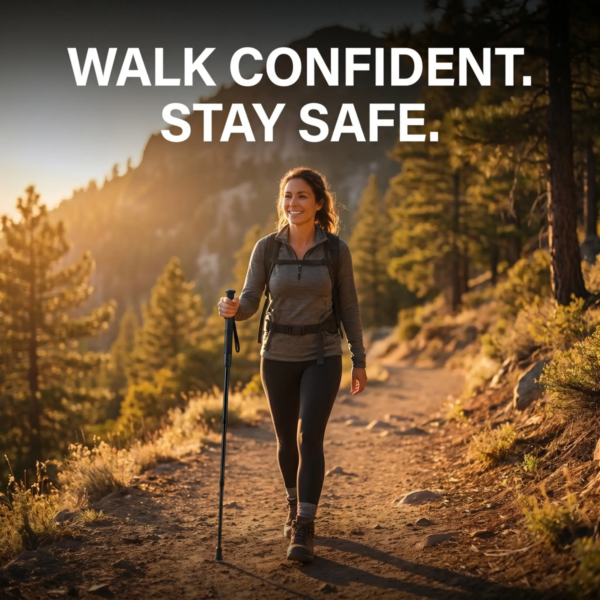 Woman hiking on a trail with mountains in the background and text 'WALK CONFIDENT. STAY SAFE.'