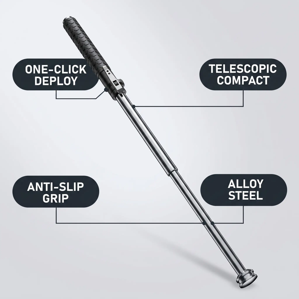 Telescopic bat with features labeled on a gray background
