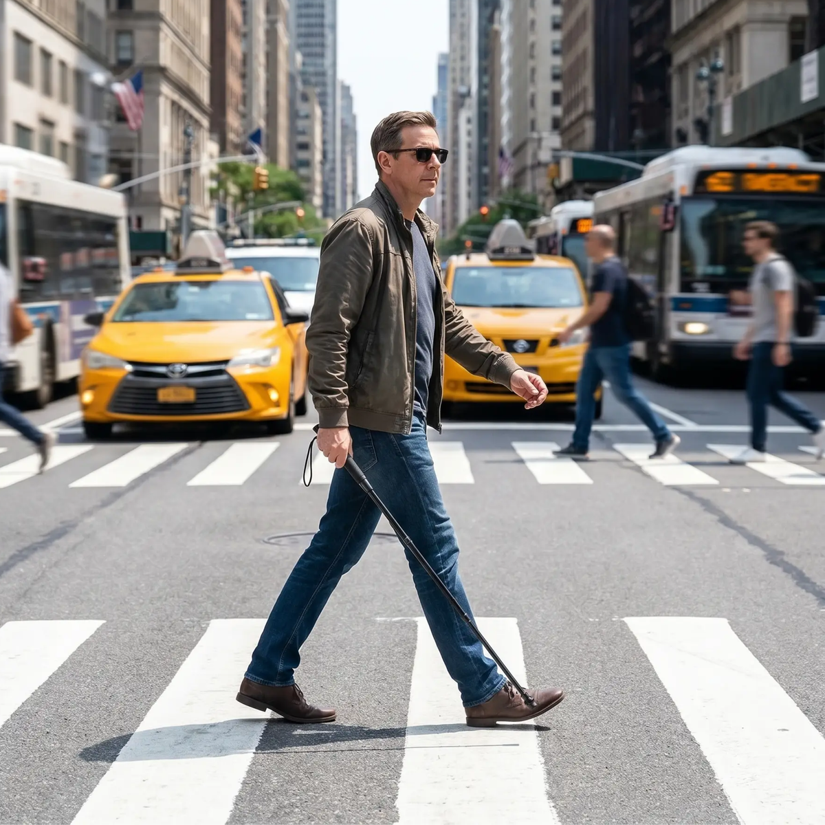 Man crossing a city street with taxis and buses in the background