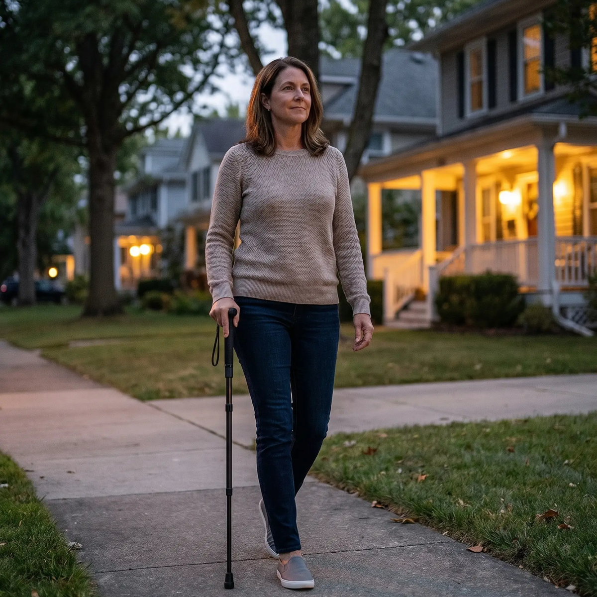 Woman walking with a cane on a sidewalk in a residential neighborhood.
