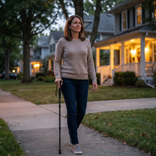 Woman walking with a cane on a sidewalk in a residential neighborhood.