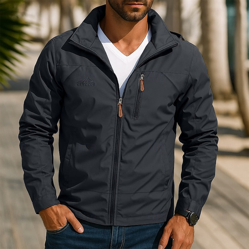 Men's outdoor jacket with stand-up collar, full zip, long sleeves, dark gray.