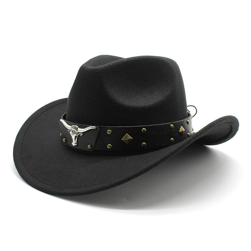 Black western cowboy hat with side grommet strap, studded band, and silver bull buckle