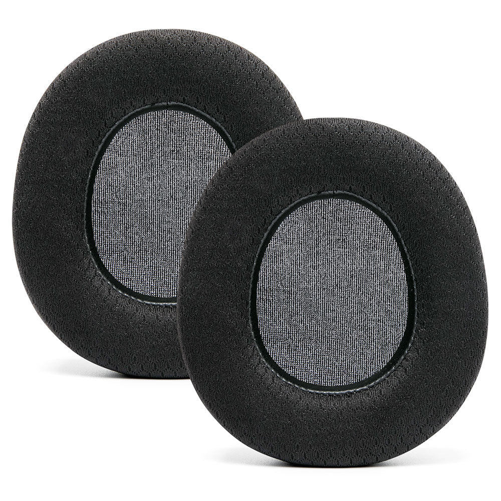 Two black replacement earpads with gray inner fabric ring