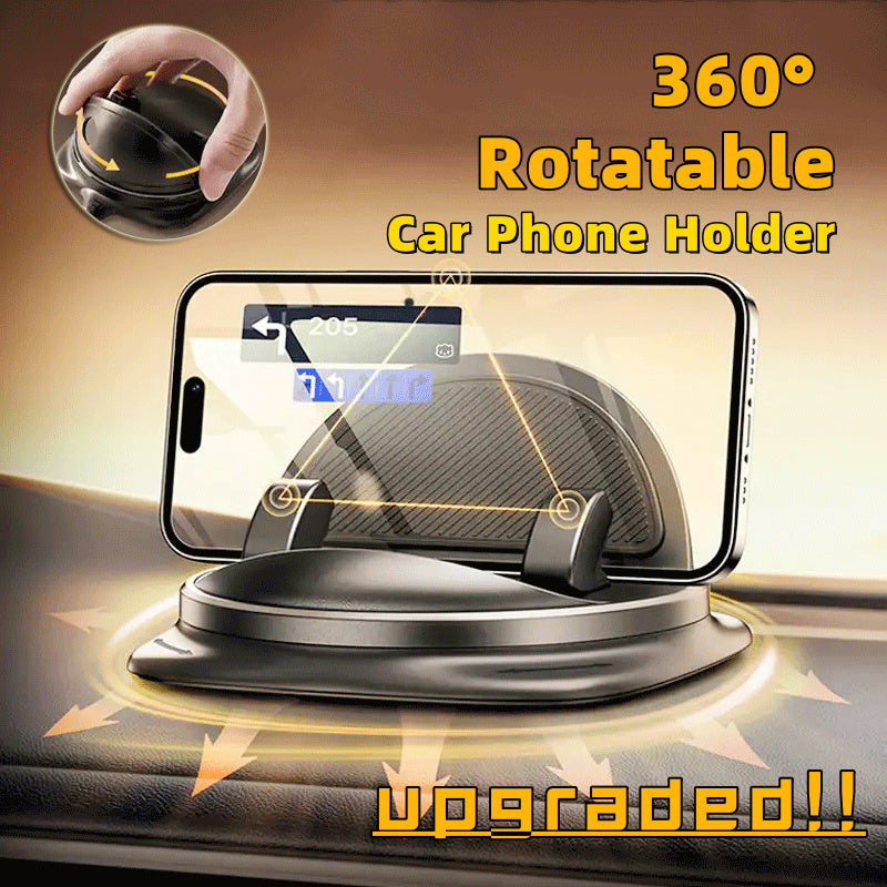 Black car phone holder on dashboard with circular base and side arms