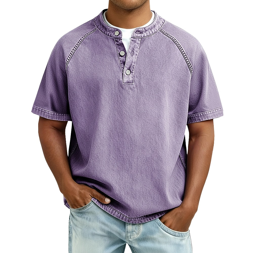 Half-button wash henley shirt, front view