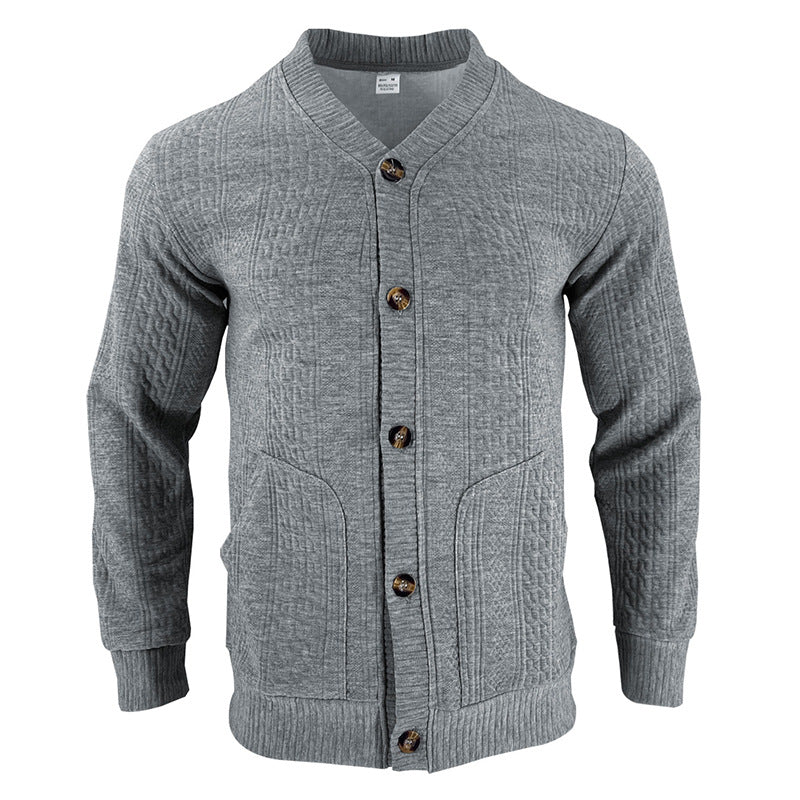 Men's textured knit button cardigan, light gray, V-neck with button-front closure