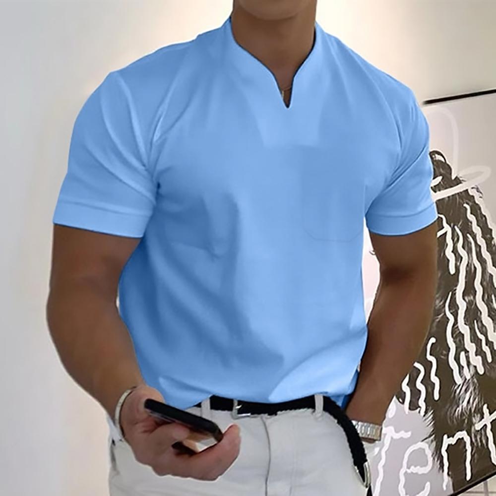 Men's short-sleeve mandarin collar shirt in light blue, chest pocket, front placket